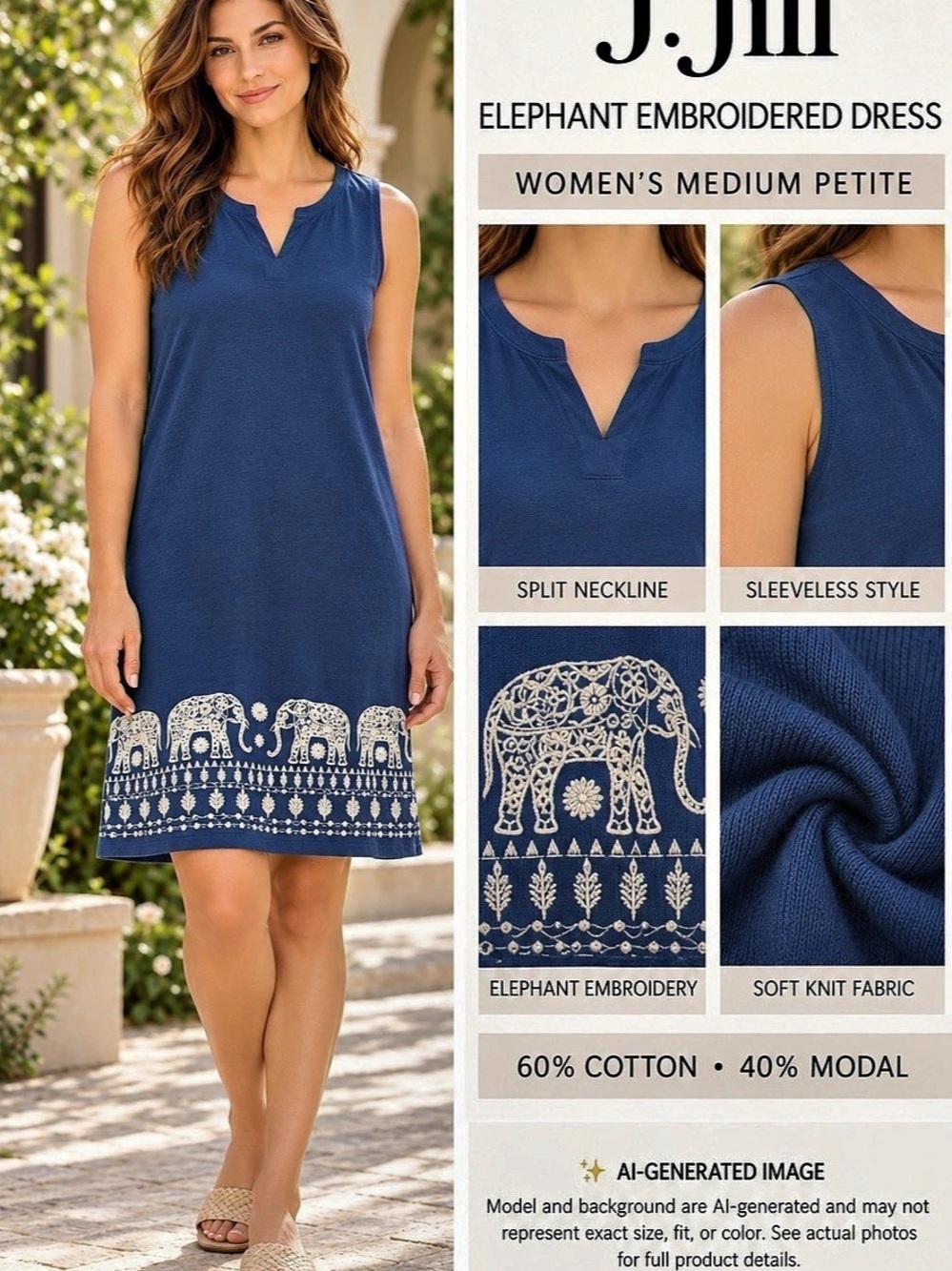 J Jill Dress Womens Medium Petite Blue Elephant Embroidered Cotton Modal
